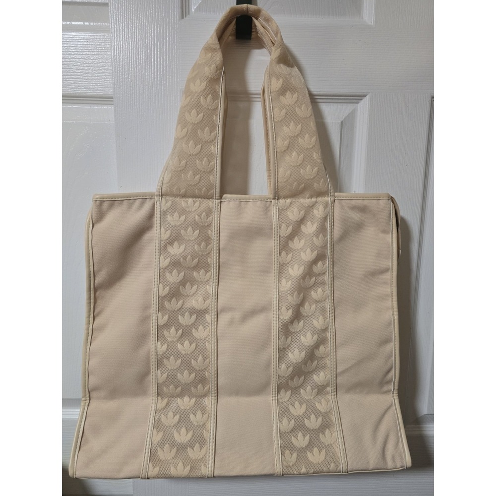 Adidas Beige Mesh‎ Logo Tote Bag Zip Closure Double Handles Lined Designer